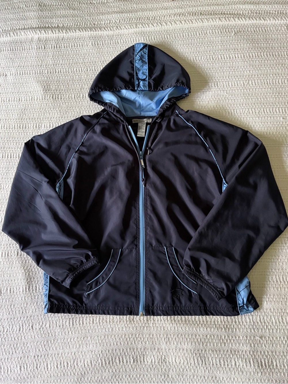 Vintage Oleg Cassini Sport Navy & Light Blue Hooded Windbreaker Track Jacket L
